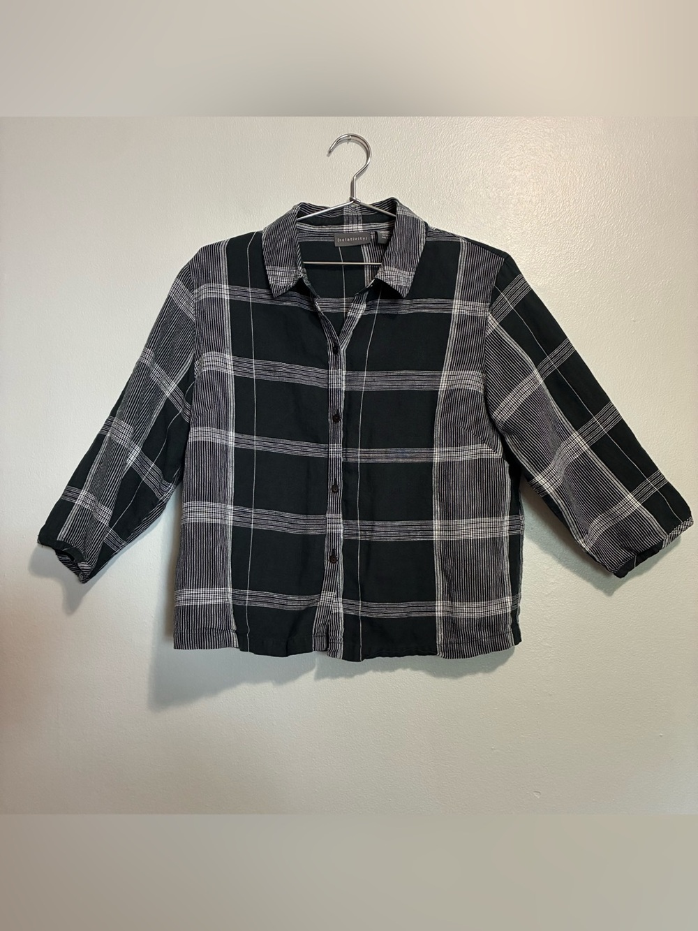 Relativity 100% Linen Plaid Button Shirt Women’s Black Lightweight Top Medium